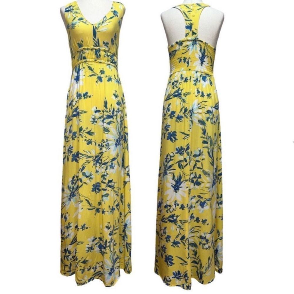 JAPANA MAXI DRESS | YELLOW | BLUE FLORAL PRINT XS NO FLAWS